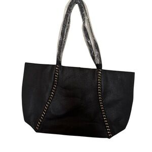 Badgley Mischka Decorative Chain Tote Bag Black Pebbled Vegan Leather